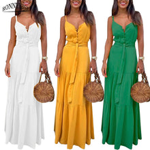 Load image into Gallery viewer, RONNYKISE Sleeveless Dresses Women Fashion Sexy V-neck Botton Stitching Spaghetti Strap Dress Summer Casual Party Long Dresses