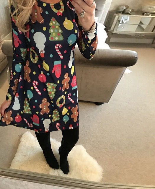 S-5XL Plus Size Tunic Autumn Women Dresses Casual Cartoon Print Christmas Dress Casual Loose Long Sleeve Party Dress Vestidos