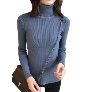 Autumn Fall Women Sweater Slim Soft Long Sleeve High Neck Knit Pullover Sexy Slim Stretch Turtleneck Sweaters