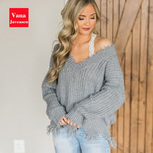 Load image into Gallery viewer, Vana Javeasen Off The Shoulder Autumn Sweater For Women Fringe Distressed Knitted Female Tops Long Sleeve Pullover Sweaters