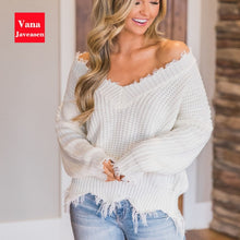 Load image into Gallery viewer, Vana Javeasen Off The Shoulder Autumn Sweater For Women Fringe Distressed Knitted Female Tops Long Sleeve Pullover Sweaters