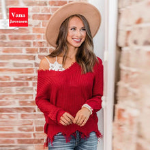 Load image into Gallery viewer, Vana Javeasen Off The Shoulder Autumn Sweater For Women Fringe Distressed Knitted Female Tops Long Sleeve Pullover Sweaters