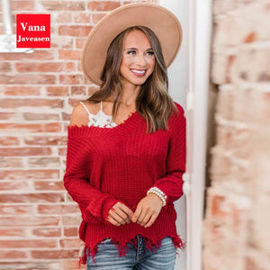 Vana Javeasen Off The Shoulder Autumn Sweater For Women Fringe Distressed Knitted Female Tops Long Sleeve Pullover Sweaters