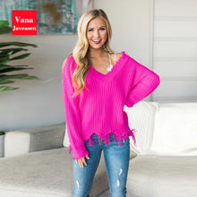 Load image into Gallery viewer, Vana Javeasen Off The Shoulder Autumn Sweater For Women Fringe Distressed Knitted Female Tops Long Sleeve Pullover Sweaters