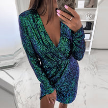 Load image into Gallery viewer, VIEUNSTA Women Hollow Out V-neck Slit Bodycon Dress Autumn Sexy Sequin Glitter Shiny Mini Dress Winter Long Sleeve Party Dress