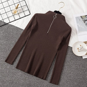 2019 Autumn Winter Women Knitted Sweaters Pullovers Turtleneck Long Sleeve Solid Color Slim Elastic Zipper Female Sweater Top