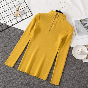 2019 Autumn Winter Women Knitted Sweaters Pullovers Turtleneck Long Sleeve Solid Color Slim Elastic Zipper Female Sweater Top