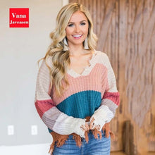 Load image into Gallery viewer, Vana Javeasen Off The Shoulder Autumn Sweater For Women Fringe Distressed Knitted Female Tops Long Sleeve Pullover Sweaters