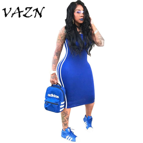 VAZN 2018 Hot Fashion Ladies Casual Women Dress Solid Sleeveless Slash Neck Bodycon Midi Dress Vestido LD599