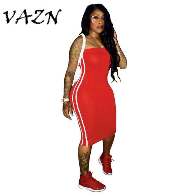 VAZN 2018 Hot Fashion Ladies Casual Women Dress Solid Sleeveless Slash Neck Bodycon Midi Dress Vestido LD599