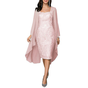 Women Formal Dress 2019 2Pcs/Set Wedding Party Knee Length Mother of The Bride Lace Dress with Cardigan